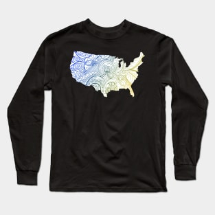 Colorful mandala art map of the United States of America in blue and yellow on white background Long Sleeve T-Shirt